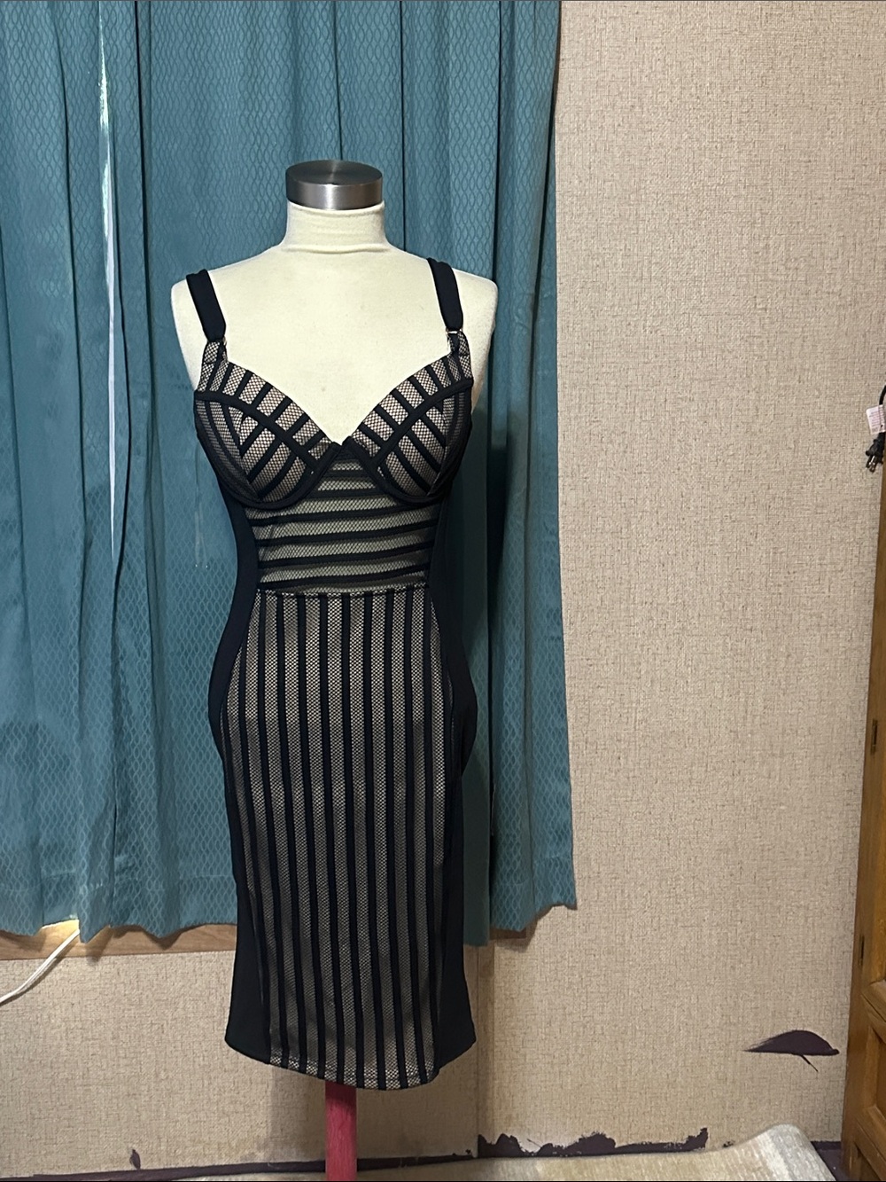 Fashion Nova Black Sheer Striped Midi Dress with Nude Underlay